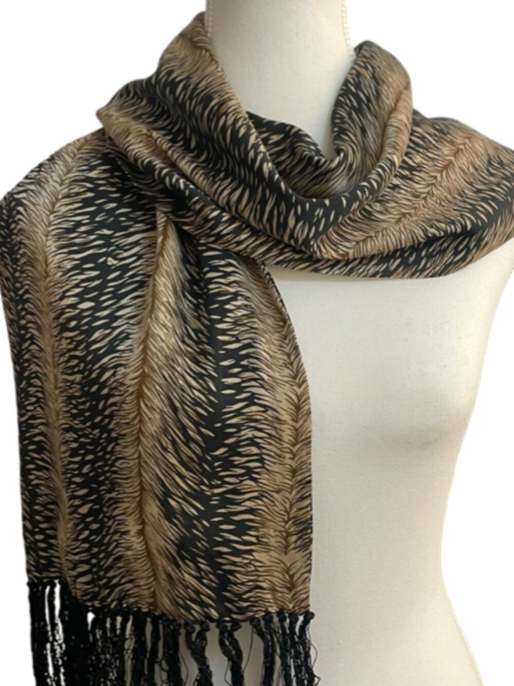 Vintage 100% Silk Animal Print Fringe Scarf Wrap